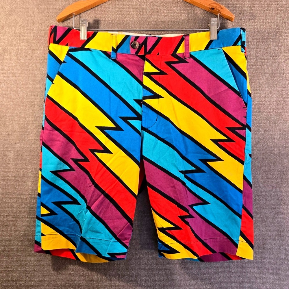 Loudmouth Golf Mens 38 Multicolor Zig Zag Lightning Bolt Stretch Shorts‎ Cotton